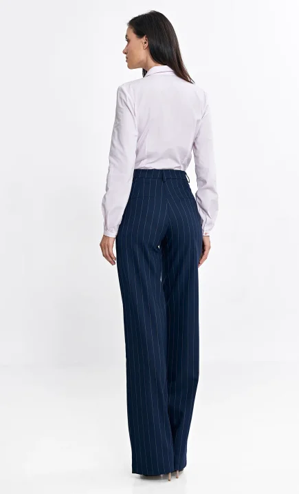 Spodnie bootcut, z krytym guzikiem, prążek - granat