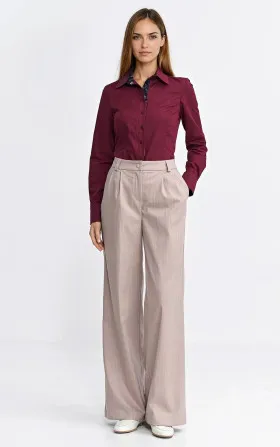 Spodnie z zakładkami, wide leg, prążek - beż