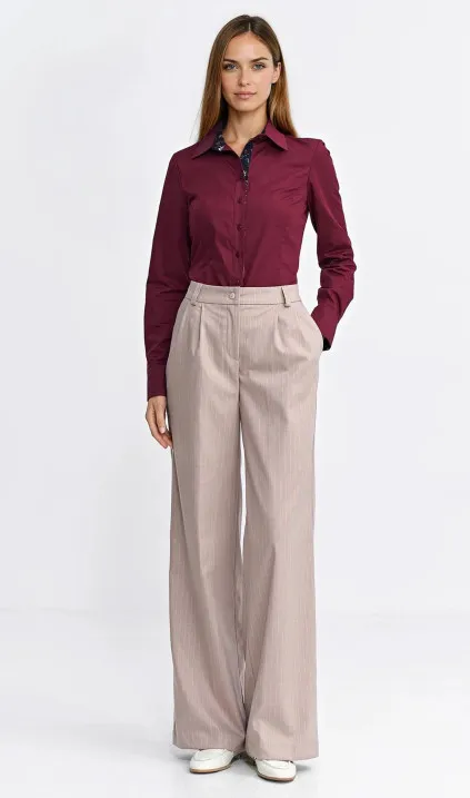 Spodnie z zakładkami, wide leg, prążek - beż