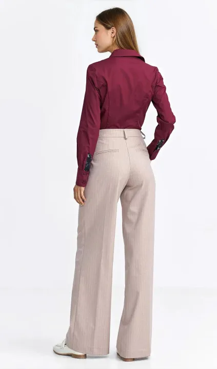 Spodnie z zakładkami, wide leg, prążek - beż