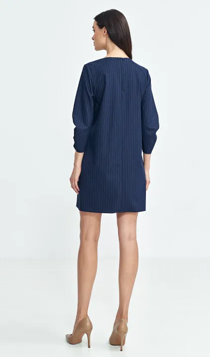 Sukienka z zakładkami na rękawach, prążek - granat