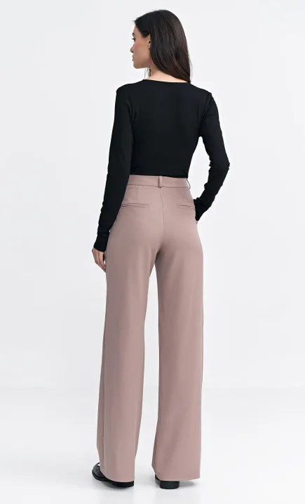 Spodnie z zakładkami, wide leg - beż