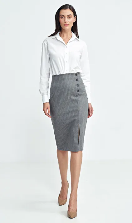 Spódnica ołówkowa, z guzikami na boku, prążek - szary