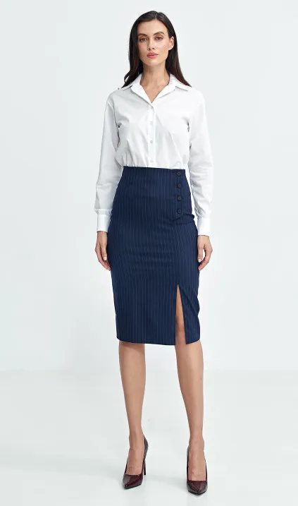 Pencil skirt, with buttons on the side, striped - navy blue
