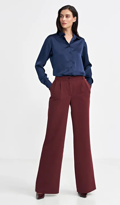 Trousers with pleats, wide leg- claret