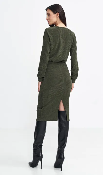 Sukienka z dzianiny prążkowanej z długim rękawem - zielony