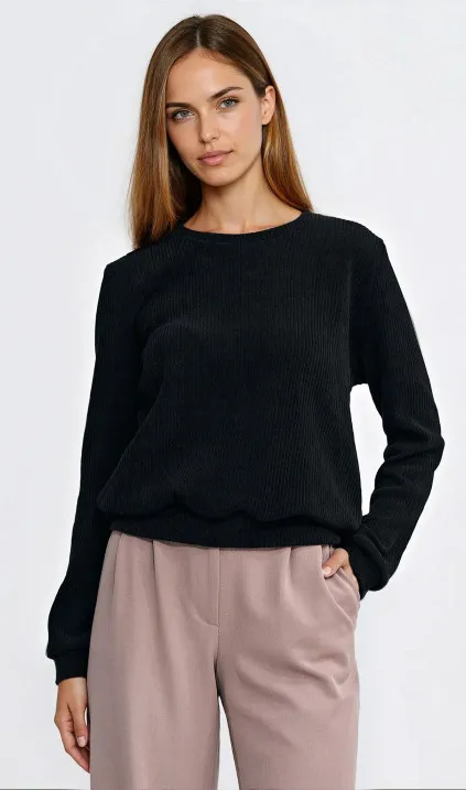 Bluza z dzianiny prążkowanej z długim rękawem - czarny