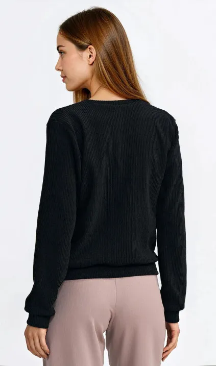 Bluza z dzianiny prążkowanej z długim rękawem - czarny