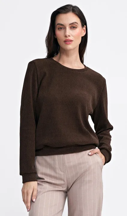 Bluza z dzianiny prążkowanej z długim rękawem - brąz