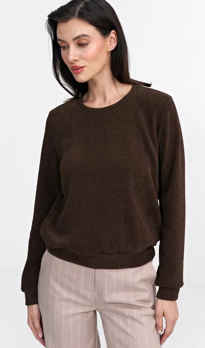 Bluza z dzianiny prążkowanej z długim rękawem - brąz