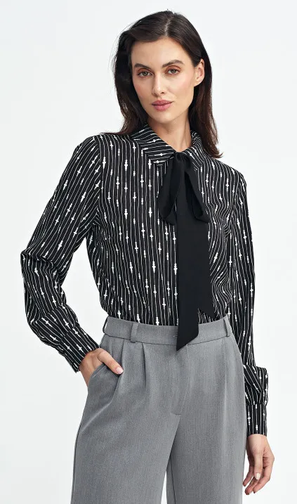 Bluzka z szafrą pod szyją- wzór koralik - czarny