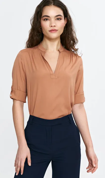 Blouse with roll-up sleeves - caramel