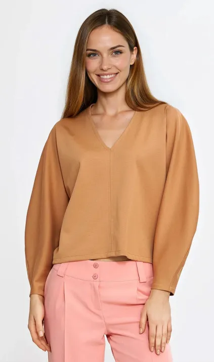 Bluzka oversize z balonowymi rękawami - karmel