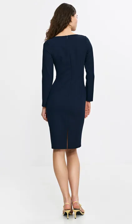 Sukienka z asymetryczną zakładką przy dekolcie - granat