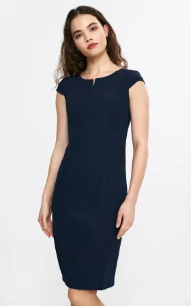 Pencil dress with a neckline slit - navy blue