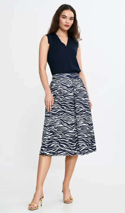 Spódnica midi z zakładkami - wzór zebra- granat