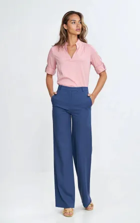 Spodnie bootcut, z rayonu z krytym guzikiem - kobalt