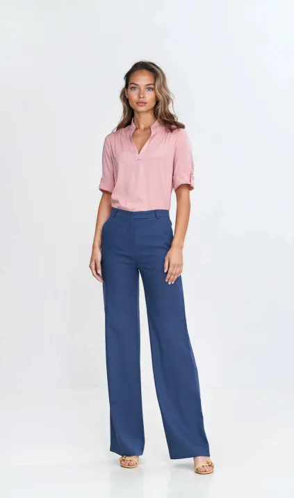 Spodnie bootcut, z rayonu z krytym guzikiem - kobalt