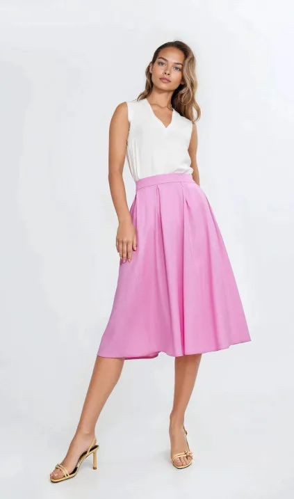 Rayon midi skirt with pleats - pink