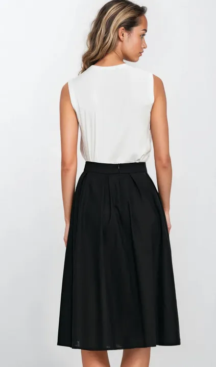 Rayon midi skirt with pleats - black