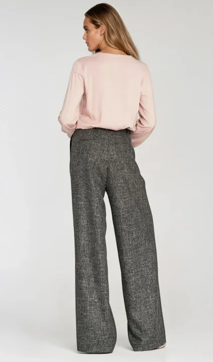 Spodnie z zakładkami, wide leg - czarny melanż