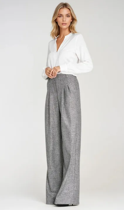 Spodnie z zakładkami, wide leg - szary melanż