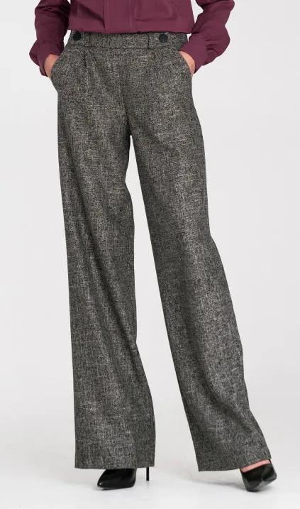 Spodnie wide leg z gumą w pasie i guzikami - czarny melanż