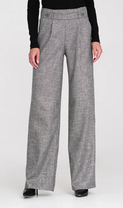 Spodnie wide leg z gumą w pasie i guzikami - szary melanż