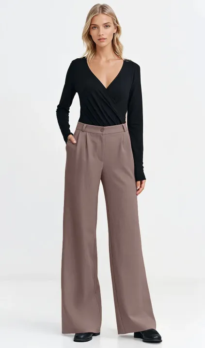 Spodnie z zakładkami, wide leg - mocca