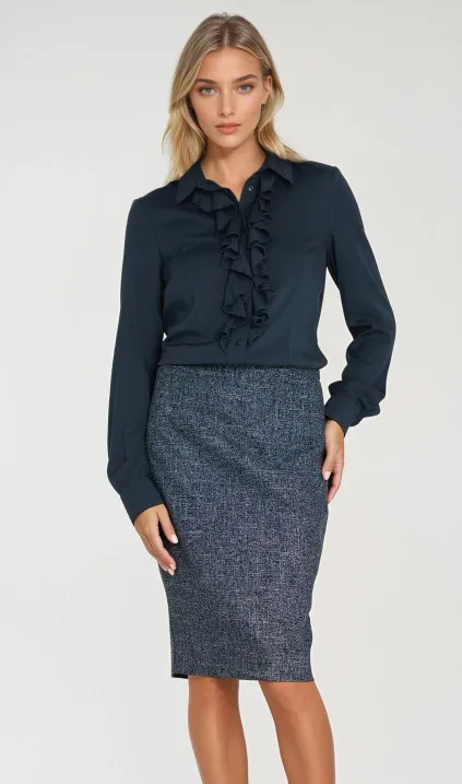 Viscose blouse with ruffle - navy blue