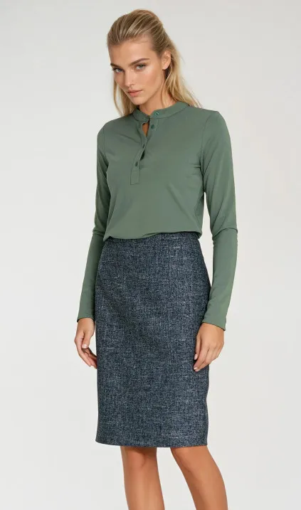 Ołówkowa spódnica z dekoracyjnym zamkiem - granatowy melanż