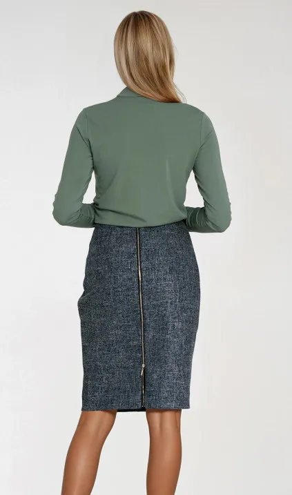 Ołówkowa spódnica z dekoracyjnym zamkiem - granatowy melanż