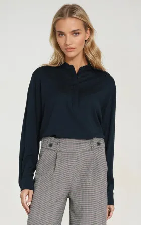 Viscose polo blouse with stand-up collar - navy blue