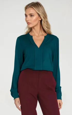 Viscose blouse with wide placket at neckline - emerald