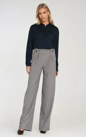 Wide leg trousers with elastic waist and buttons - houndstooth