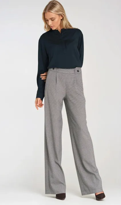 Spodnie wide leg z gumą w pasie i guzikami - pepitko