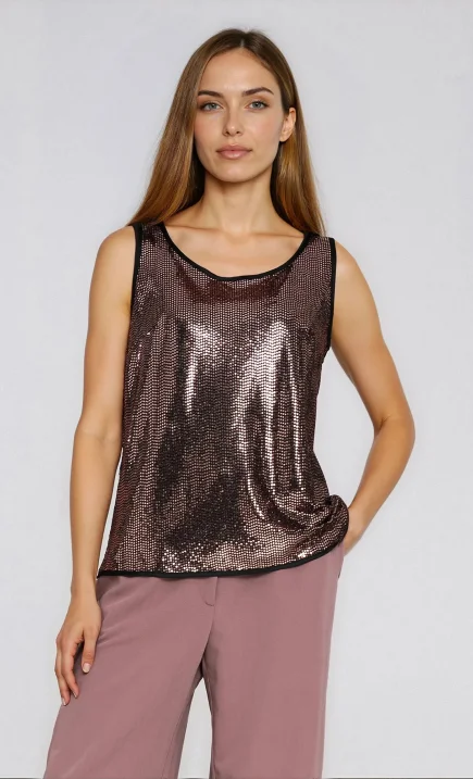 Błyszcząca bluzka na  szerokich ramiączkach - miedziany