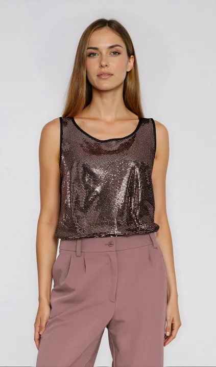 Błyszcząca bluzka na  szerokich ramiączkach - miedziany