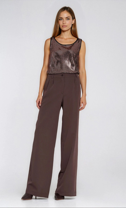 Spodnie z zakładkami, wide leg - brąz