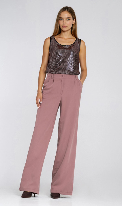 Spodnie z zakładkami, wide leg - mocca