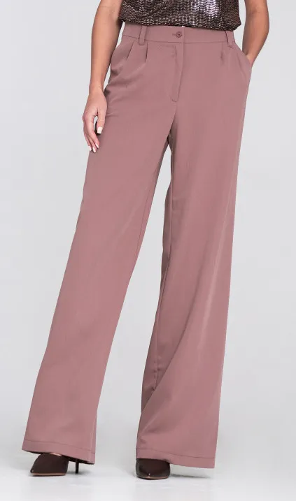 Spodnie z zakładkami, wide leg - mocca