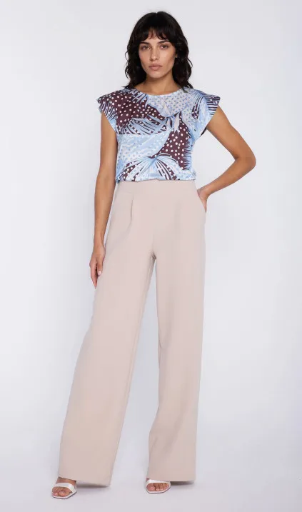 Spodnie z szerokim pasem i zakładkami - beż