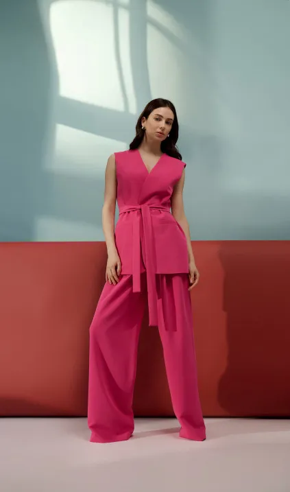 Spodnie z zakładkami, wide leg - róż