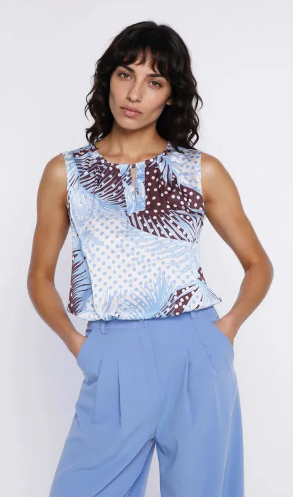 Blouse with decorative neckline - leaf print