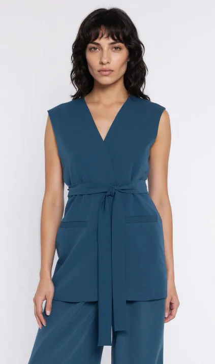 Przedłużana kamizelka wiązana w pasie - teal