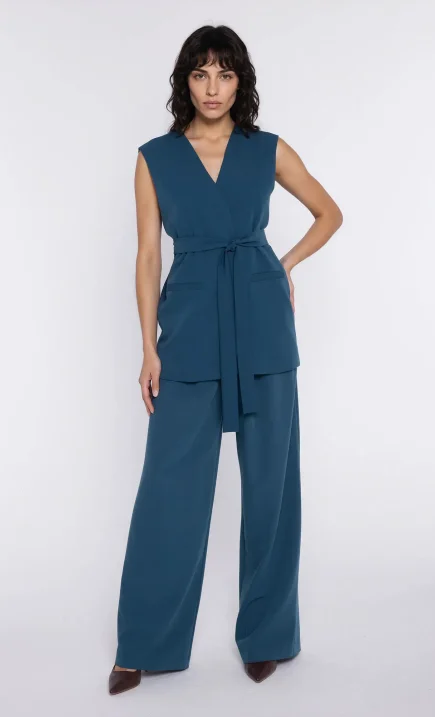 Longline vest with waist tie - teal