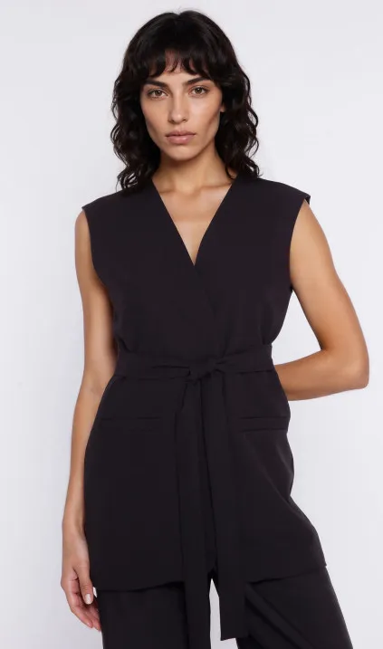 Longline vest with waist tie - black