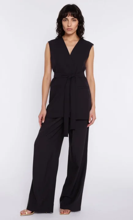 Longline vest with waist tie - black