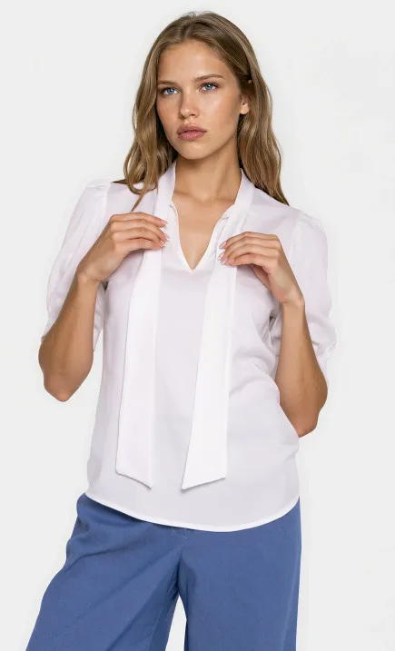 Elegancka bluzka ecru z wiązaniem na dekolcie - ecru