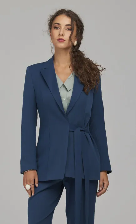 Longline Blazer with Side Tie Detail - cobalt